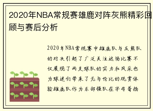 2020年NBA常规赛雄鹿对阵灰熊精彩回顾与赛后分析